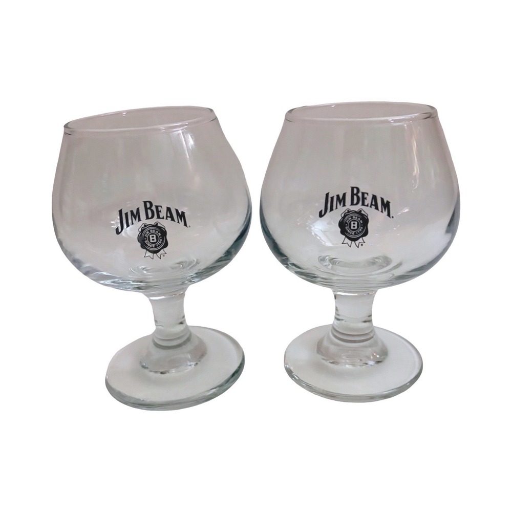 VTG Jim Beam Bourbon Snifter Glasses Set of 2 Clear Glass Black Logo Barware 4"